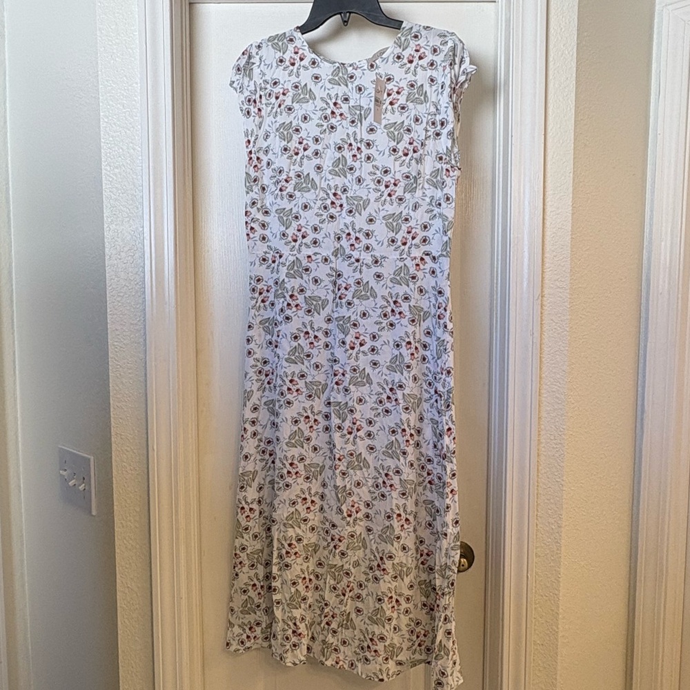 LOFT White Dress with Pink and Green Floral Pattern